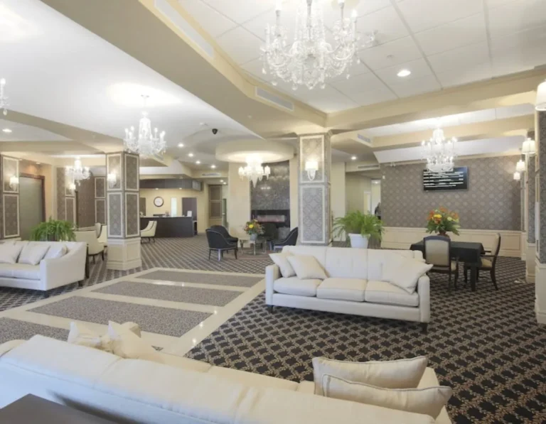 The fireplace lounge at Trinity Manor Stonebridge, a Saskatoon retirement home